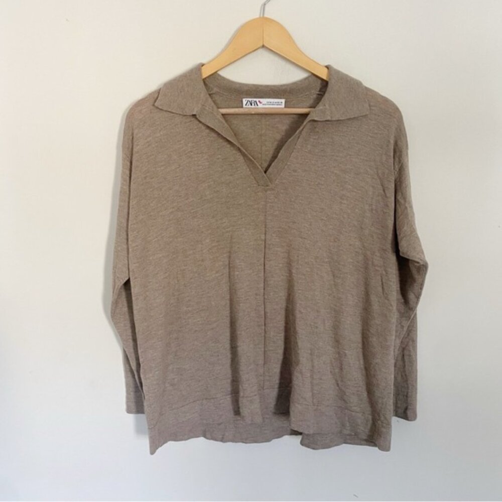 Zara Wool Blend Collared V Neck Sweater Brown Tan Size Medium